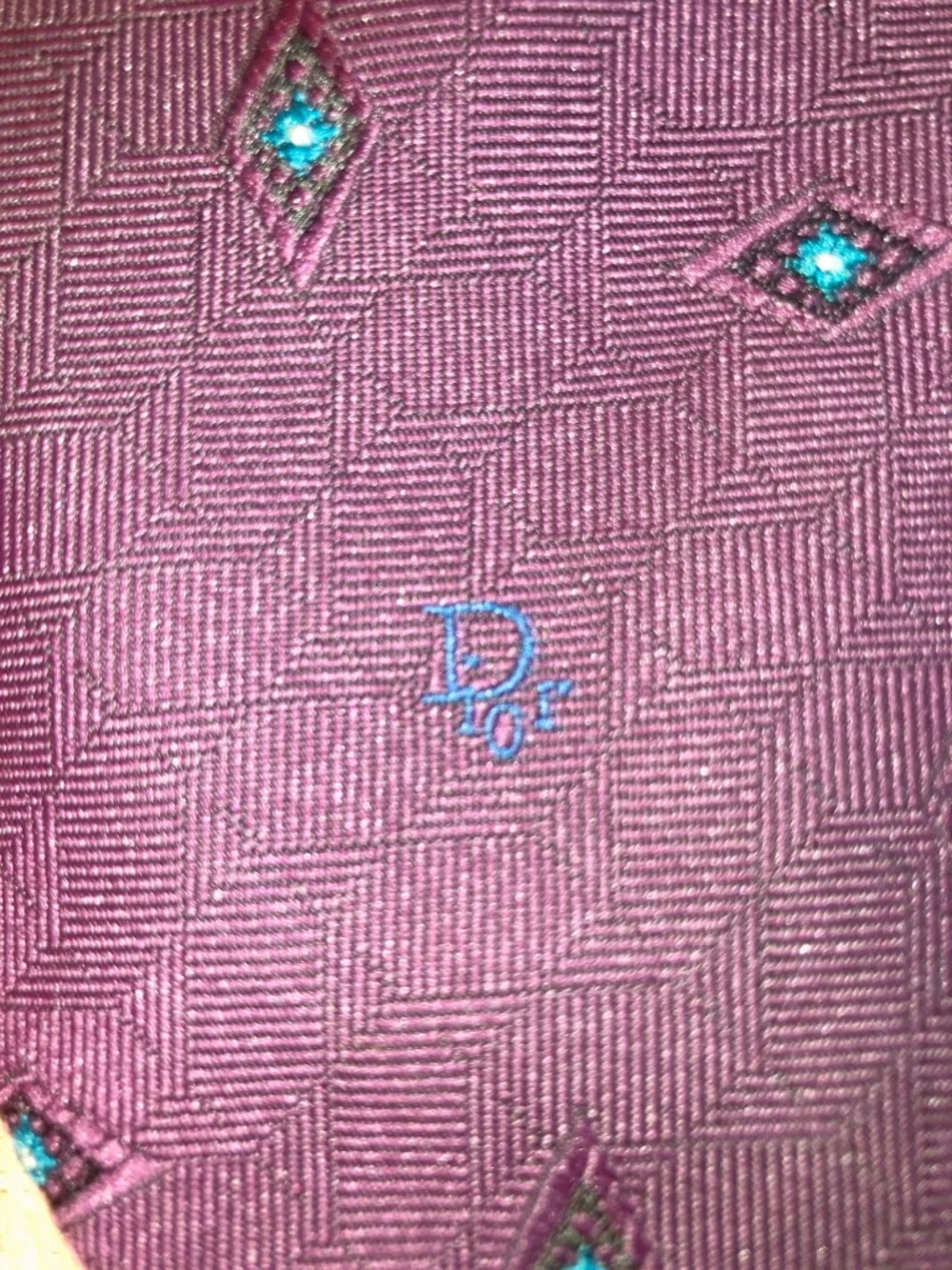 Vintage Christian Dior Burgundy Diamond-Pattern Silk blend Tie with Teal